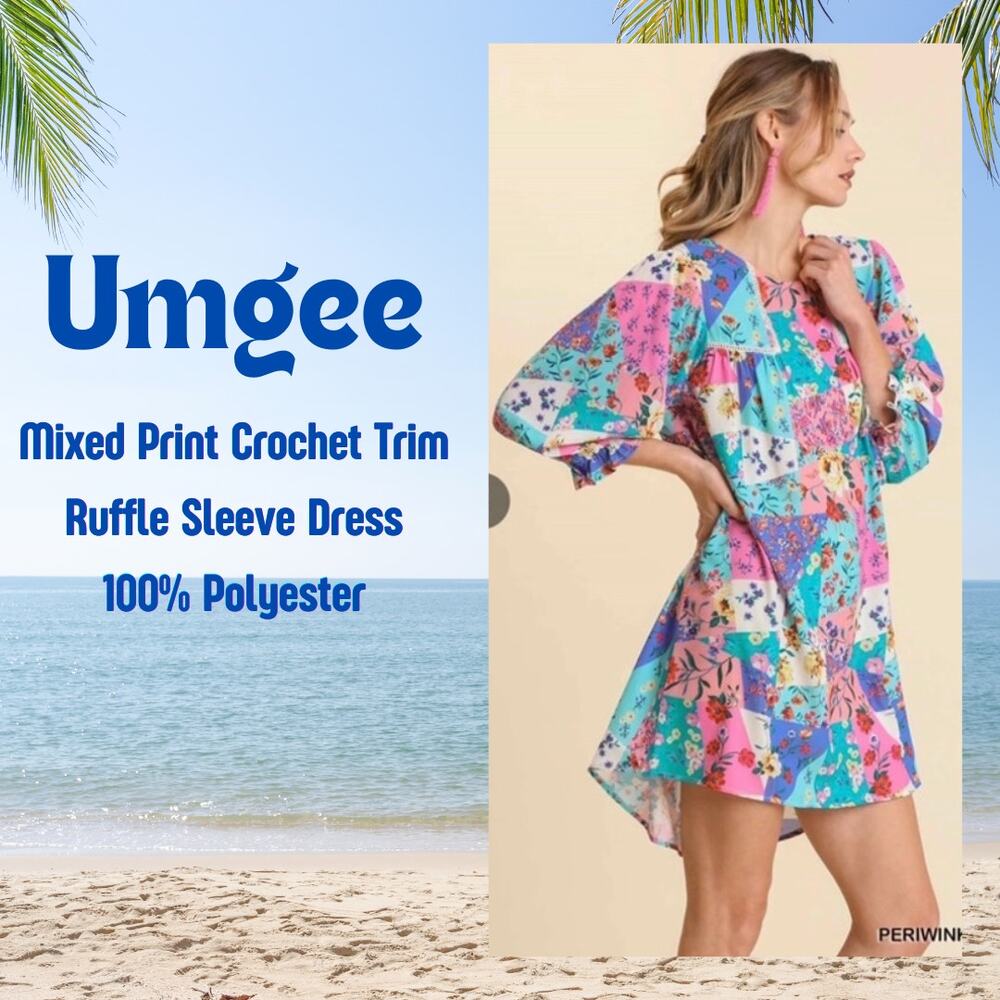 Umgee * Mixed Periwinkle Print Crochet Trim Ruffle Sleeves Dress * Small